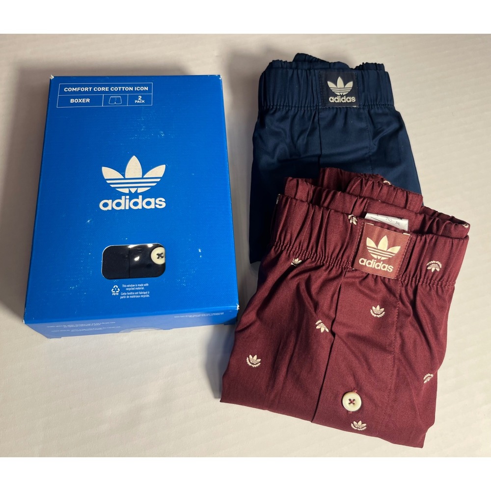 Adidas 2 Pack Core Cotton Icon Boxers Blue Burgundy‎ Size Large 36-38